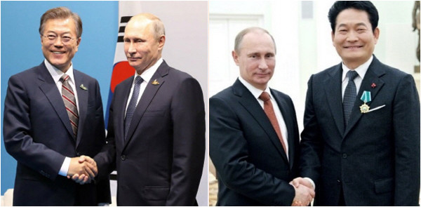 ▲왼쪽부터: (1)문재인 대통령(좌측)과 블라디미르 푸틴 러시아 대통령이 2017년 7월 7일 독일 G20 정상회의에서 악수를 나누고 있다. (2)블라디미르 푸틴 러시아 대통령(좌측)과 송영길 의원.
