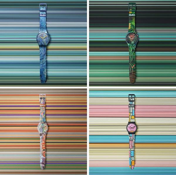 스와치 X MoMA 컬렉션 4종 좌측 상단부터 시계 방향으로 빈센트 반 고흐-앙리 루소-피에트 몬드리안-구스타프 클림트 작품이 반영된 시계