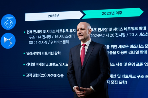 2022 스텔란티스 코리아 온라인 기자간담회에서 제이크 아우만(Jake Aumann) 사장이 푸조·DS 브랜드의 향후 전략에 대해 발표하고 있다.