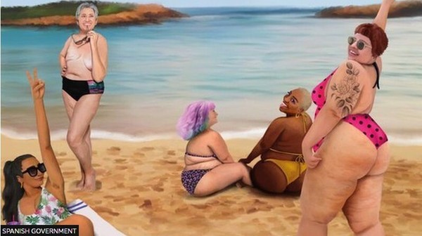 스페인 정부가 여름 휴가철을 맞아 여성들에게 몸매를 걱정 말고 해변으로 가라는 캠페인을 위해 만든 포스터 